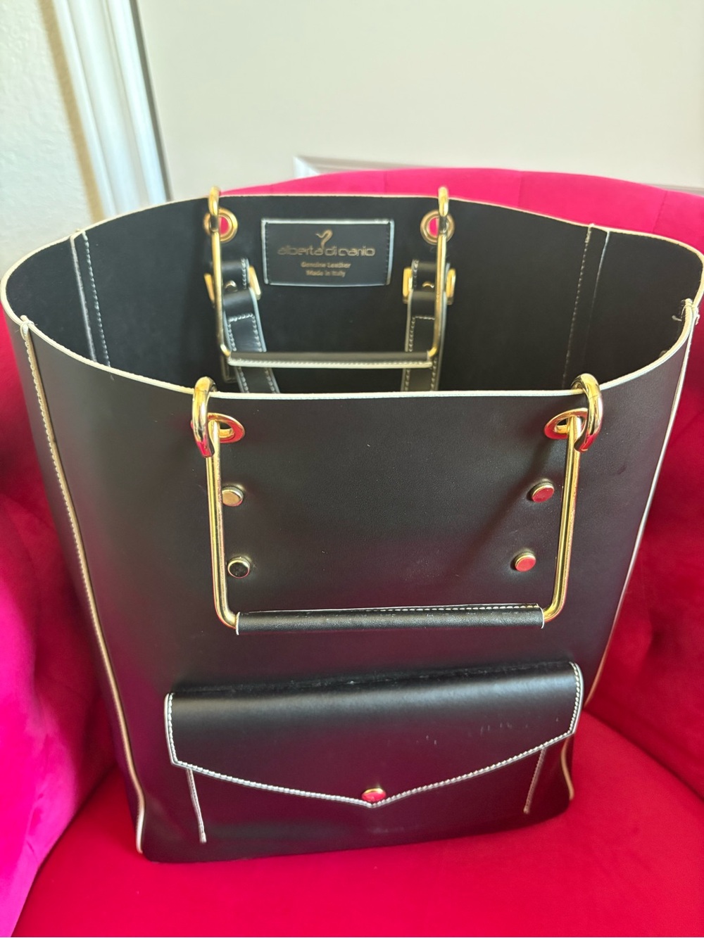 Alberta Di Canio Black Leather Tote with Gold Hardware - Picture 2 of 5